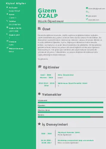 Müzik Öğretmeni Cv Örnekleri cv indir